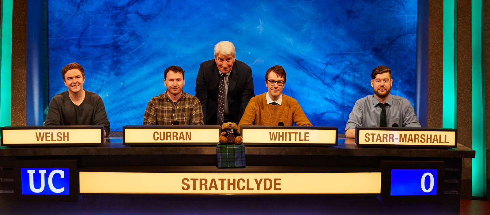 Strathclyde's University Challenge team with host Jeremy Paxman at their first round match  