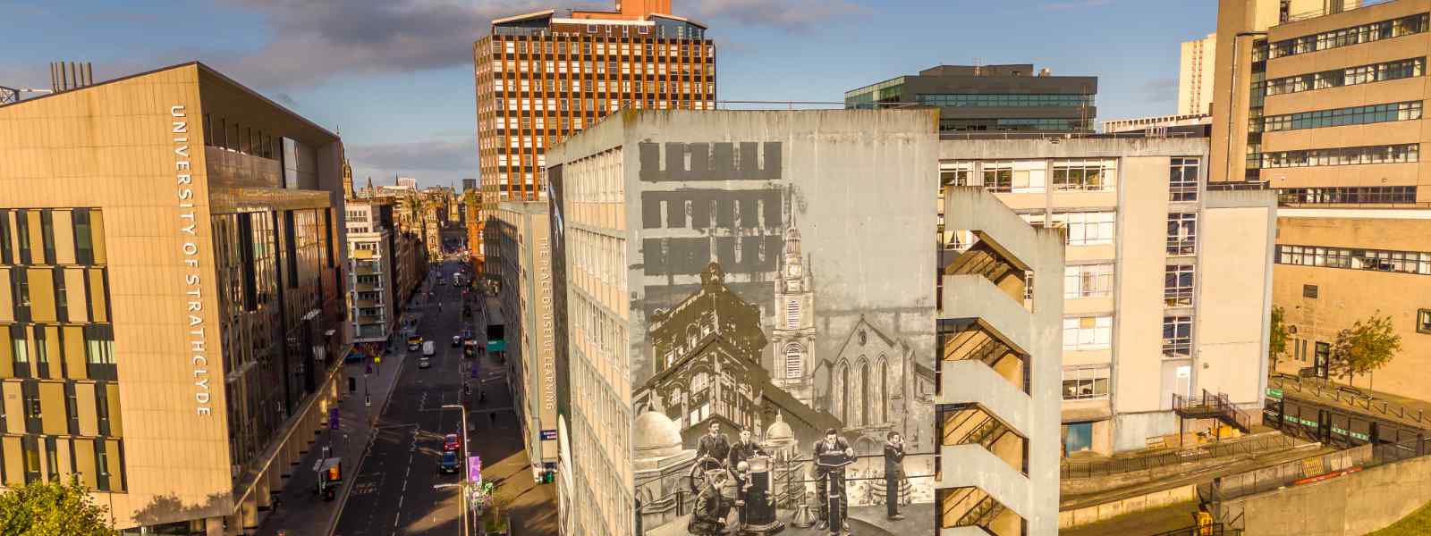 Aerial view of Strathclyde campus with mural