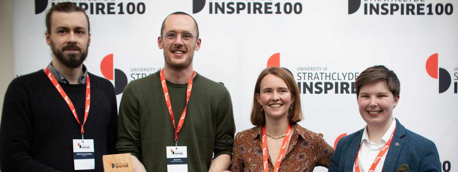 Inspire100 winners Elliot Johnson Humphrey from CataNiTek, Mark Smith and Garance Locatelli from MARKED : Wayfinding System, and Kayla-Megan Burns from Podplistic 