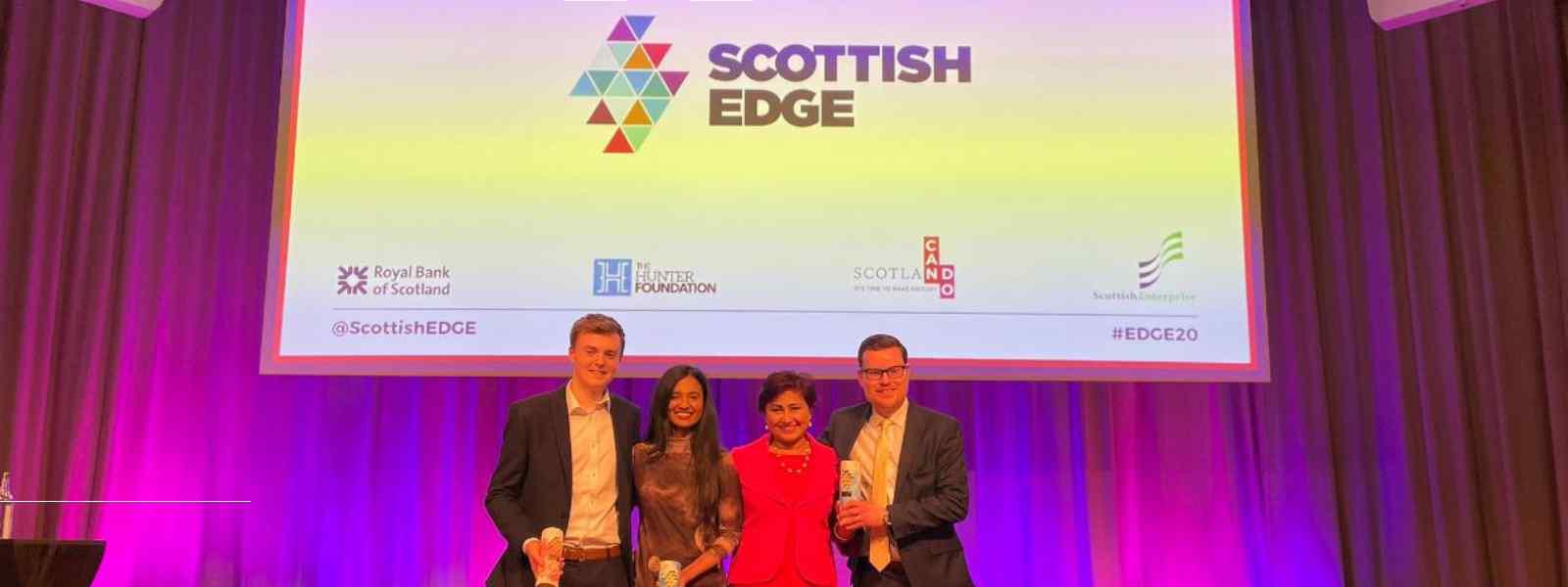 Strathclyde Scottish EDGE winners with Head of Investment Dr Poonam Malik (second right). Left to right: Matthew McLean, Airspection; Janani Prabhakaran,  Unbaggaged; Dr Stuart Hannah, Microplate Dx)     
