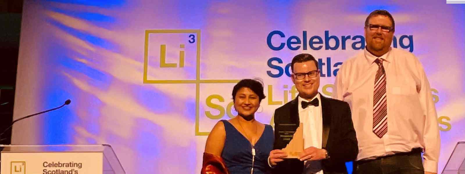 The Microplate Dx team at the Scottish Life Sciences Awards. Left to right: Chair Dr Poonam Malik;  CEO Dr Stuart Hannah; Chief Technology Advisor Dr Damion Corrigan 