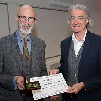 Professor Peter McKiernan (right) receives the Cooper Medal from Professor Nic Beech, British Academy of Management President and Vice-Chancellor of Middlesex University London