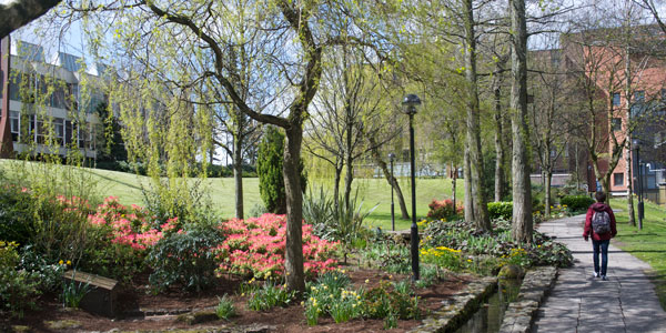 a student walks through the gardens on campus