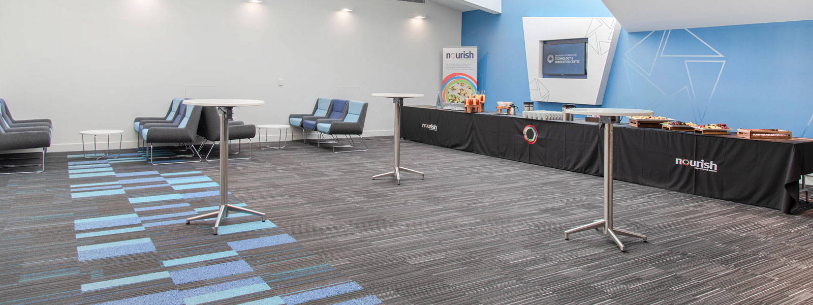 Level 9 foyer in the Technology and Innovation Centre, set with catering station, soft seats and poseur tables.  Photo: Lucy Knott