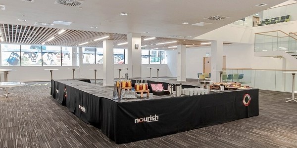 Level 2 Foyer of the Technology and Innovation Centre, with catering station in middle. Photo: Lucy Knott