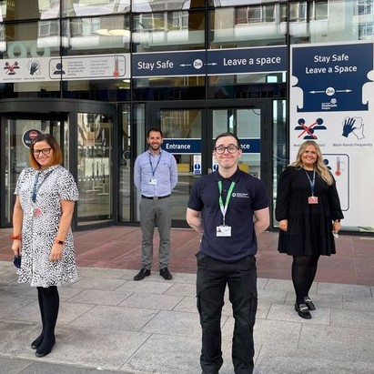 Four members of the Conferencing and Events Team stand outside the Technology and Innovation Centre