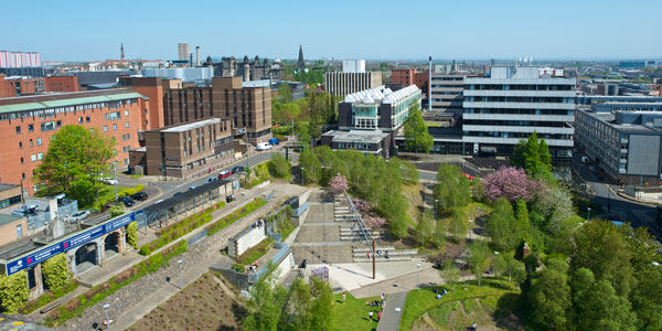 a view over campus, rottenrow gardens and the business school