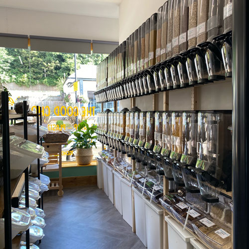 bulk bins and liquids in a zero waste store