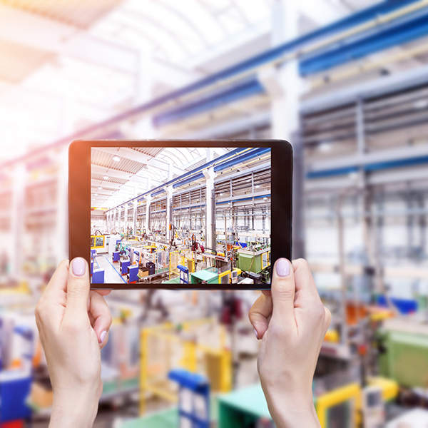 Female hands holding a digital tablet in a production line