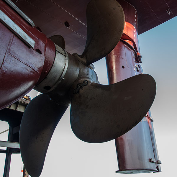 close up of ship propeller and rudder