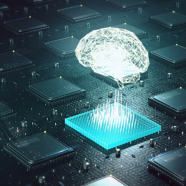 Machine learning and deep learning concept - Brain made with shining wireframe above multiple blockchain cpu on circuit board 3d render