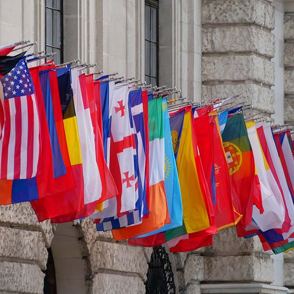 International flags outside building