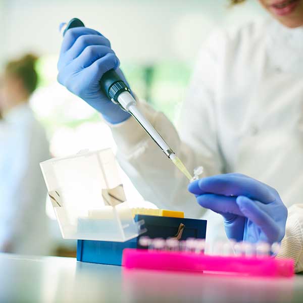 Gloved hands of scientist using pipette