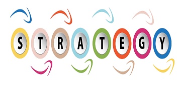 Letters in coloured circles making up the word 'strategy'