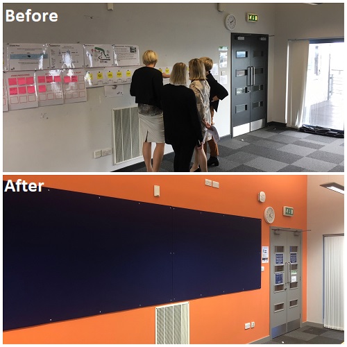 A before and after picture of an office after redecoration