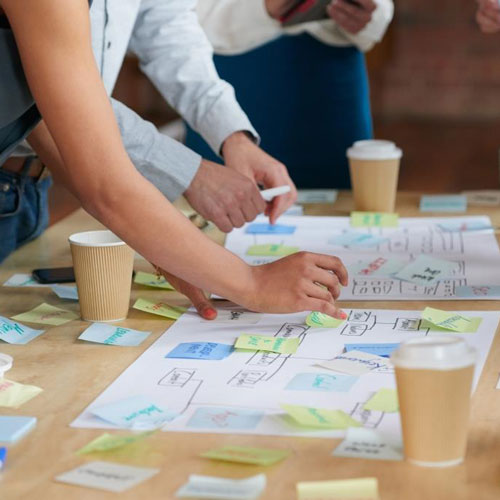 a team works around a table covered in post its