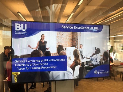 A screen welcoming Strathclyde to Bournemouth University