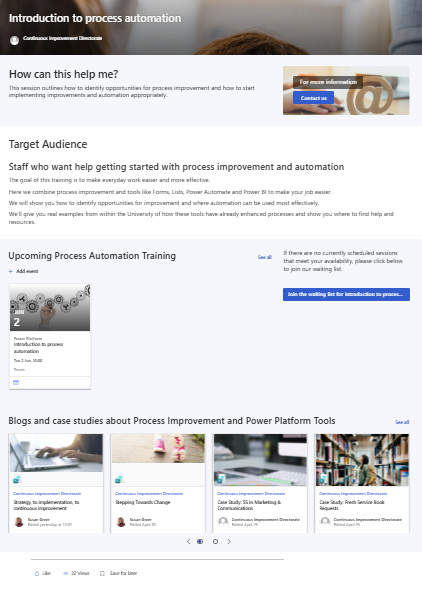 A SharePoint page called 'Intorduction to Process Automation' with information about training and links to blog posts and case studies. A SharePoint page called 'Intorduction to Process Automation' with information about training and links to blog posts and case studies.