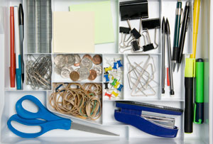 A drawer full of organised stationery