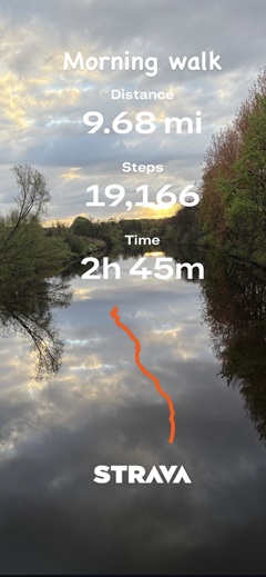 A strava map displayed over an image of the river Clyde with the words 'morning walk, distance 9.68 miles, Steps 19.166, Time 2h 45m