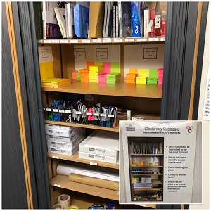 An image of a stationery cupboard with an inset image of the standards expected within it