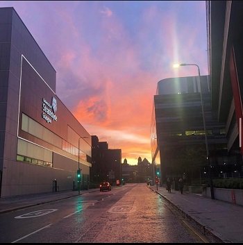Cathedral Street in Glasgow, looking towards High Street, in the early morning sunrise. Strathclyde Sport and the Curran Building are on the left, and Strathclyde Business School and the Arbuthnott Building are on the left 