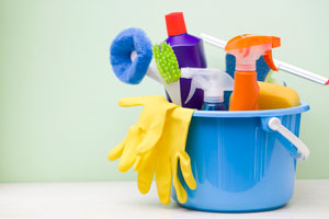 a bucket full of cleaning supplies