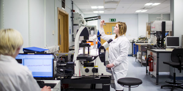 two researchers in a lab, one analysing data on a computer, the other holding a microscope sample up to the light