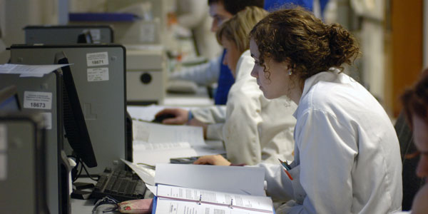 A female student sits working at a computer in a computer laboratory