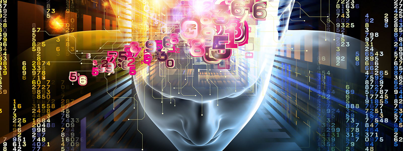 Collage of human head, digits and various abstract elements on the subject of artificial intelligence