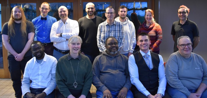 Members of the StrathCyber research group posing for a group photo. Matthew, Daniel, Ross, Mohammed, James, Ryan, Heather, Pejman, Musa, Wendy, Tochukwu, Juraj, Sotiros