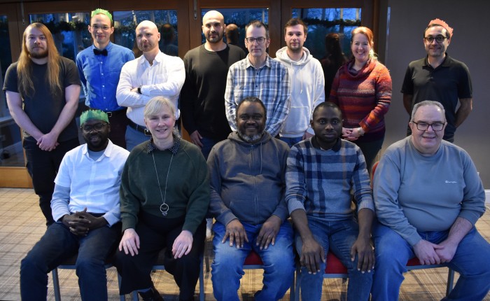 Members of the StrathCyber research group posing for a group photo. Matthew, Daniel, Ross, Mohammed, James, Ryan, Heather, Pejman, Musa, Wendy, Tochukwu, Jide, Sotiros