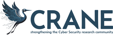 Text: CRANE strenghtening the Cyber Security research community. With logo showing a stylised crane bird with some digital circut board wires trailing through its wings