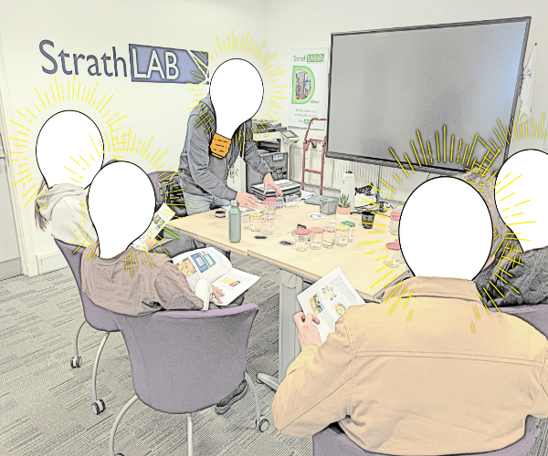 Group of people sitting round a table with light bulbs in place of their heads Group of people sitting round a table with light bulbs in place of their heads