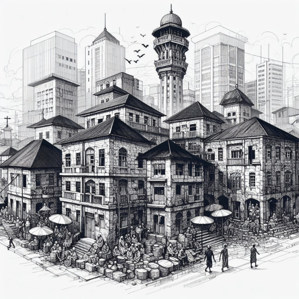Black and white line drawing of buildings