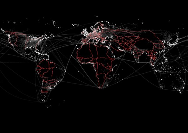 Black world map with outlines of countries in lights