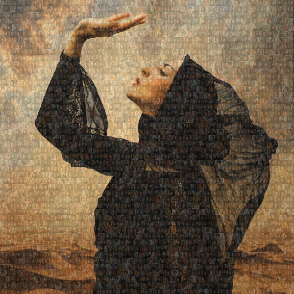 Image of women dressed in black with headscarf which is made up of portraits of other women Image of women dressed in black with headscarf which is made up of portraits of other women