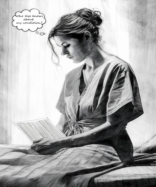 Black and white image of woman in hospital gown with thought bubble that says who else knows about my condition