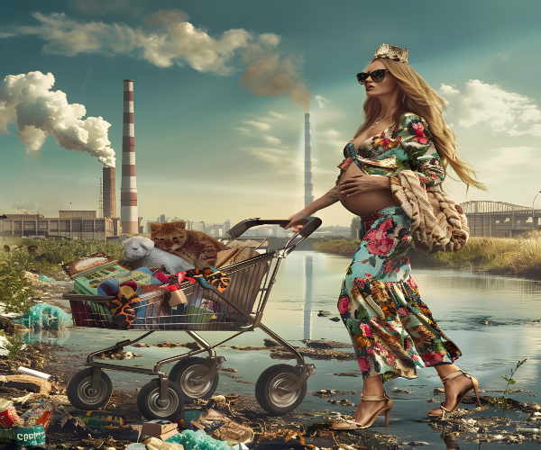 AI generated image of pregnant woman pushing shopping trolley with factory in background AI generated image of pregnant woman pushing shopping trolley with factory in background