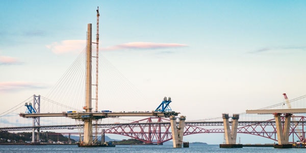 Construction in progress of the new bridge over the Firth of Forth, between Fife and the Lothians.
