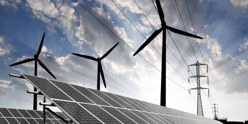 Wind turbines and solar panels.