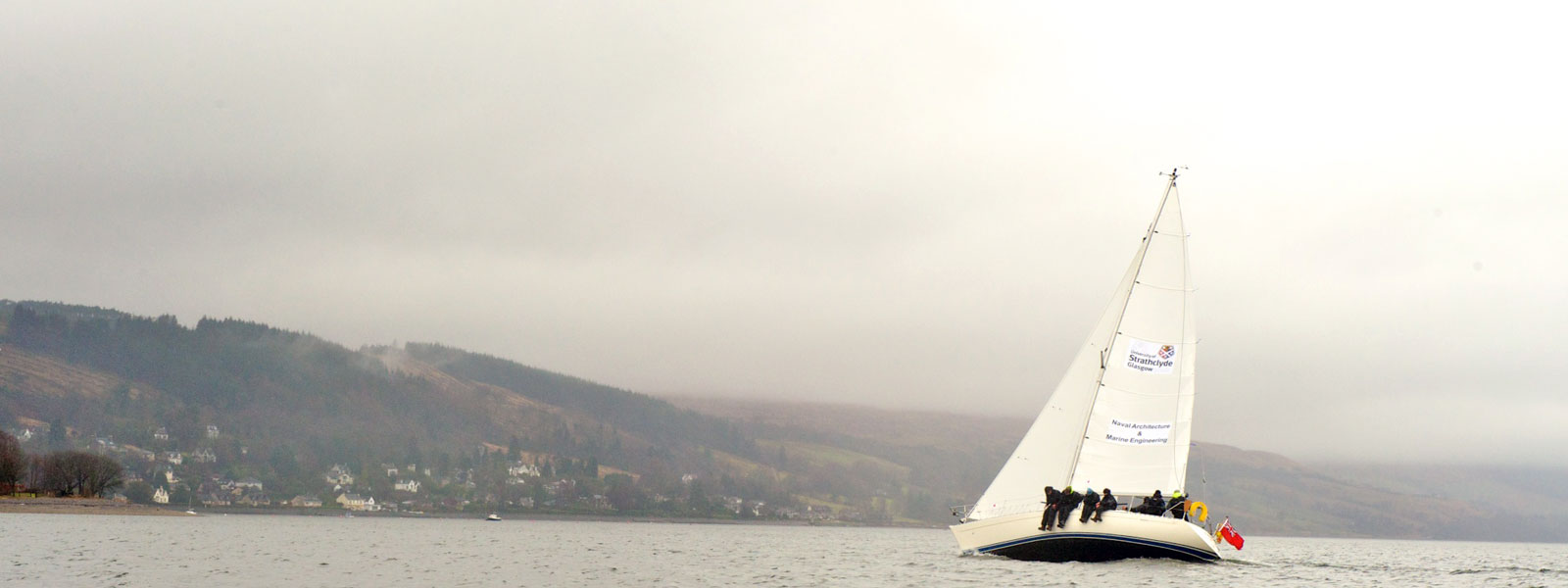 Catalina Yacht tipping to the right, with people sitting on the left hand side