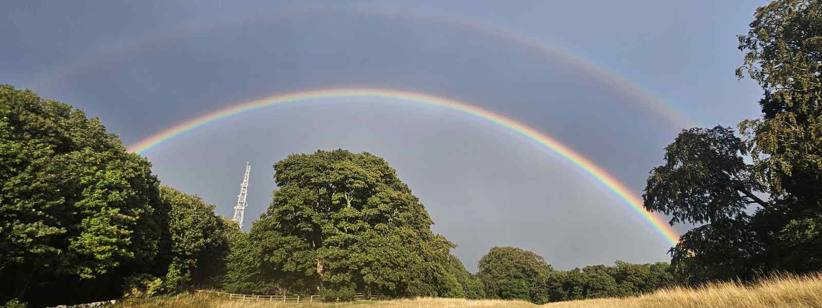 Photo of a double rainbow above some trees in a field