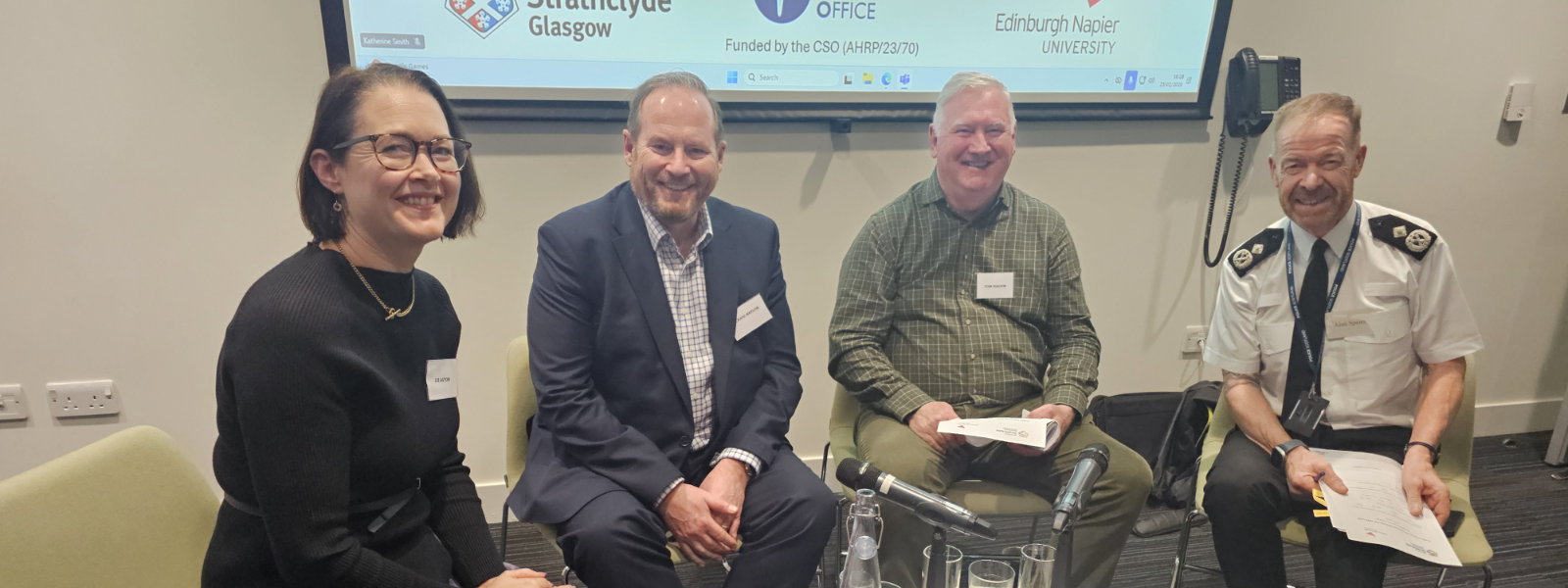 ‘Scottish Policing and Community Wellbeing’ Witness Seminar with Chair, Professor Liz Aston, and panellists (left to right): Craig Naylor; Tom Halpin; and DCC Alan Speirs