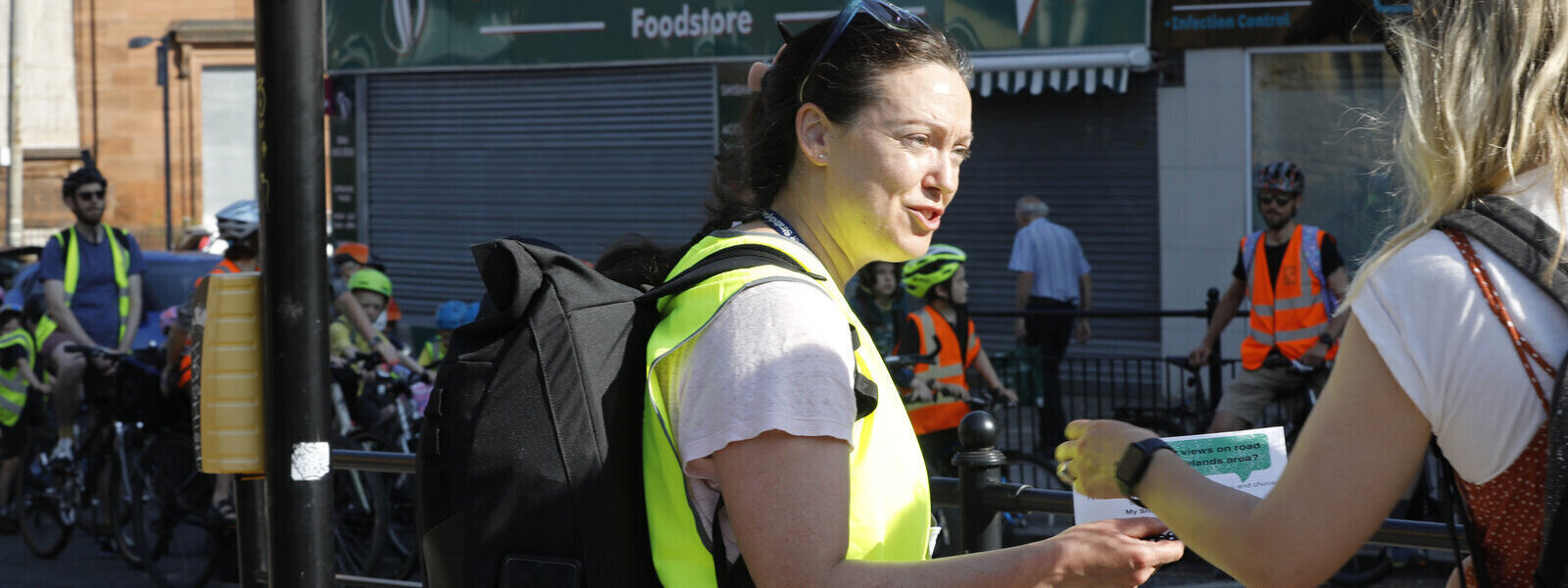 Fieldwork prompting road users to think about active mobility as Shawlands Bike Bus roll through