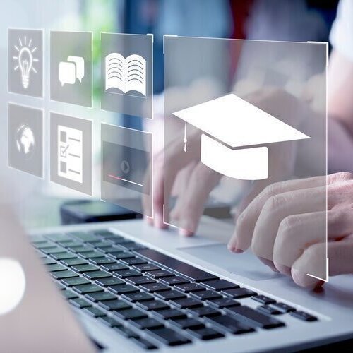 Concept of Online education. man use Online education training and e-learning webinar on internet for personal development and professional qualifications. Digital courses to develop new skills.