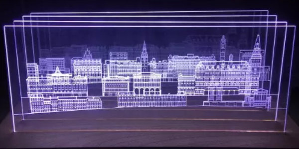 A laser outline depicting old buildings