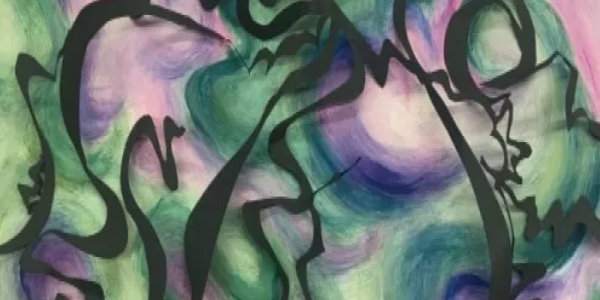 An abstract painting in green, black and purple.