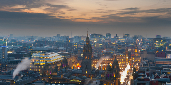 An aerial view of the Glasgow skyline as the sun goes down