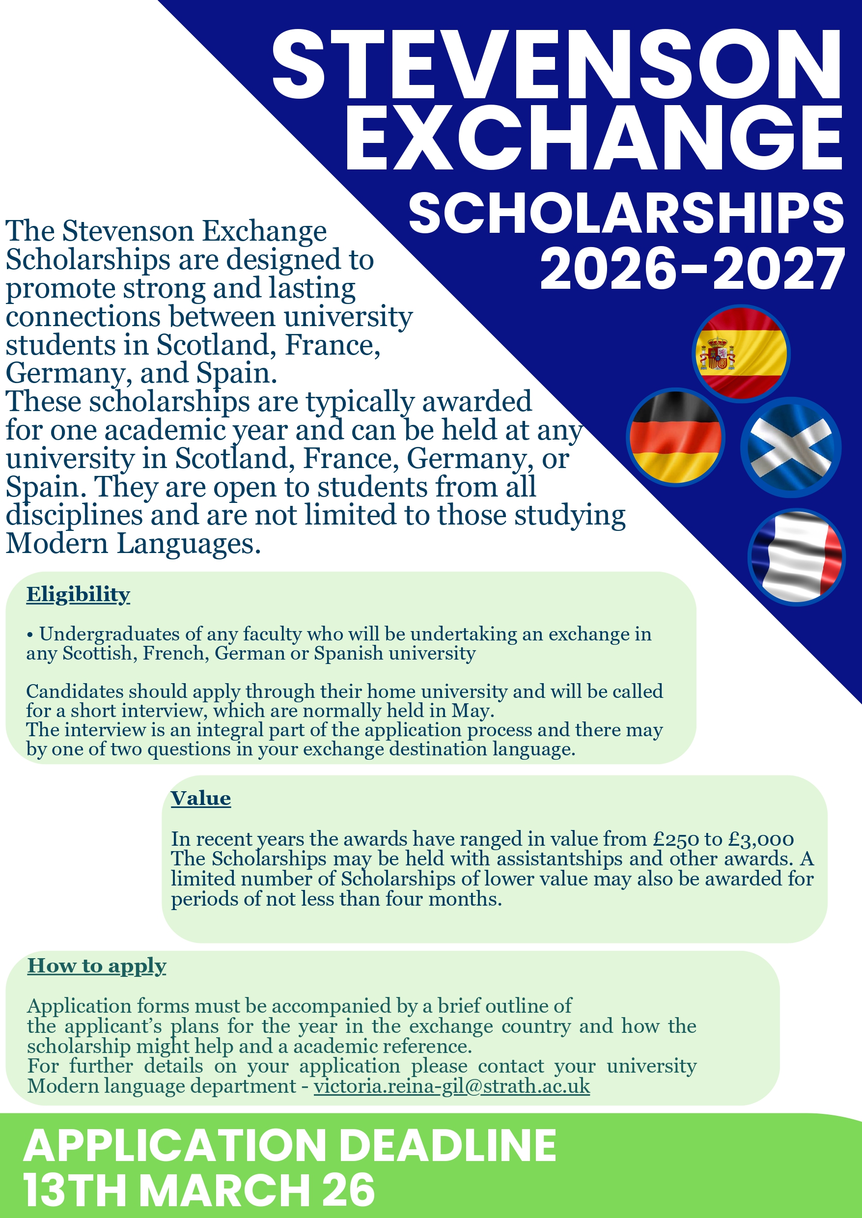 Poster advertising scholarship available for Stevenson Exchange